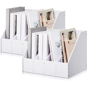 2 Pieces Magazine File Holder Binder Folder Rack with 4 Vertical Compartments Magazine Document Desk Organizer for Office Home Classroom Paper Book Organization, White