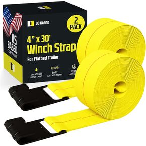 DC Cargo Flatbed Trailer Straps Winch Straps | 4" x30' Tie-Downs w/Flat Hooks (Pack of 2) 5,500LB WLL - Heavy Duty Tie Down Cargo Ratchet Flat Bed Straps for Trucks, Flatbeds, and Trailers
