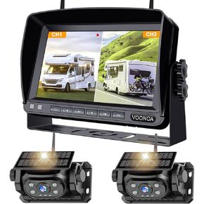 2 Magnetic Solar Wireless Backup Camera with 7'' HD 1080P DVR Monitor System, 9600mAh Rechargeable Waterproof Dual Reverse Camera for Hitch Towing Car Trailer Truck RV VN007