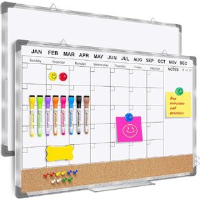 EAONE 24x18 in Double Side Whiteboard Calendar & Cork Board Combo for Wall, 3 in 1 Magnetic Dry Erase Whiteboard Monthly Calendar and Bulletin Board with Aluminum Frame for Home Office Kitchen