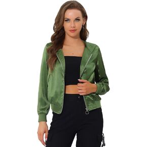 Allegra K Hoodie Jackets for Women's Casual Zipper Front Satin Hooded Bomber Jacket