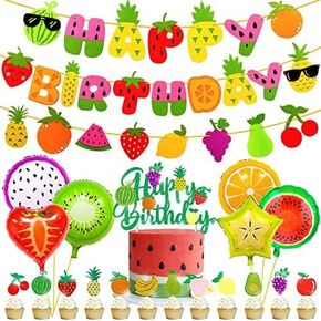 33pcs Fruit Birthday Party Decoration Set Fruit Theme Happy Birthday Banner Garland Cake Cupcake Toppers Balloons for Summer Fruit Birthday Party Supplies