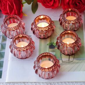 Rose Gold Tealight Candle Holder Set of 6 for Valentines Day Decor, Glass Tea Lights Candle Holder for Wedding Party, Votive Candle Holders for Table Centerpiece