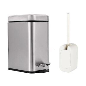 Slim Trash Can and Toilet Brush Combo, Stainless Steel, 1.3 Gallon / 5 Liter, Rectangle Step Small Trash Can, Soft Close, Removable Plastic Bucket (1.3 Gallons and Toilet Brush)