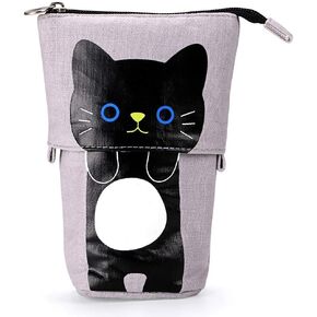 Telescopic Pencil Pouch Standing Pen Holder Cute Pencil Bags Stand Up Pen Case Cartoon Pencil/Pens Storage Box Canvas+PU Stationery Organizer Makeup Bag with Zipper Closure (Blue)