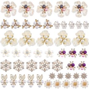 50PCS Rhinestone Buttons Faux Pearl Embellishments Buttons,Flat Back Flower Rhinestone Buttons for Jewelry Making DIY Wedding Bouquet, Decor Clothes Bag Shoes Craft Accessory