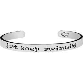 just keep swimming Cuff Bracelet - Motivational Inspirational Message Jewelry, Courage, Don't Give Up, Move On, Sisters Best Friend BFF Encouragement Gift