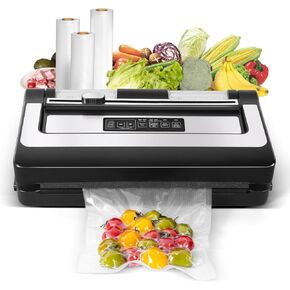 Deluxe Food Vacuum Sealer with 6-in-1 Compact Food Preservation System with Cutter, Powerful 80kPa Suction Power，with 10 Vacuum Seal Bags, Silver