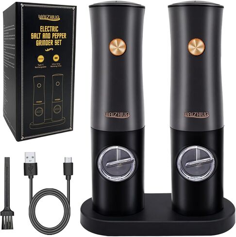 2Pack Electric Salt and Pepper Grinder Set, USB Rechargeable Electric Pepper Grinder Mill with Type-C Cable LED Lights Adjustable Coarseness One Handed Operation in Saudi Arabia