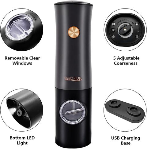 2Pack Electric Salt and Pepper Grinder Set, USB Rechargeable Electric Pepper Grinder Mill with Type-C Cable LED Lights Adjustable Coarseness One Handed Operation in Saudi Arabia