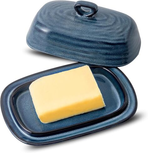 Butter Dish with Lid, Tikooere Ceramic Butter Keeper Holder with Cover for Countertop, Porcelain Butter Container with Handle for East West Coast Butter, Butter Tray Decor for Kitchen Gifts, Black in Saudi Arabia