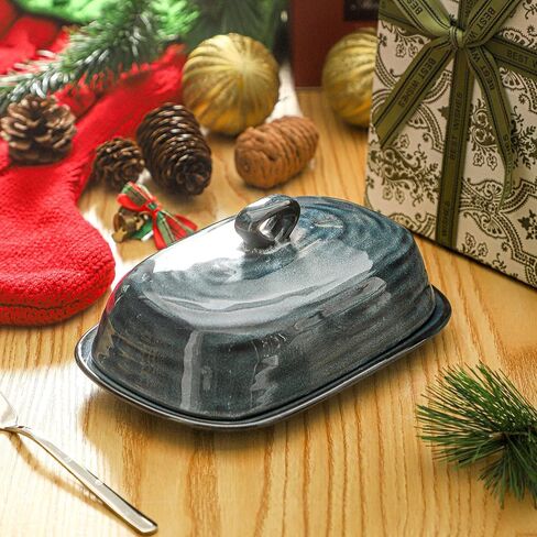 Butter Dish with Lid, Tikooere Ceramic Butter Keeper Holder with Cover for Countertop, Porcelain Butter Container with Handle for East West Coast Butter, Butter Tray Decor for Kitchen Gifts, Black in Saudi Arabia