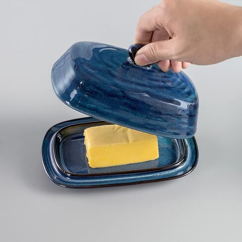 Butter Dish with Lid, Tikooere Ceramic Butter Keeper Holder with Cover for Countertop, Porcelain Butter Container with Handle for East West Coast Butter, Butter Tray Decor for Kitchen Gifts, Black in Saudi Arabia
