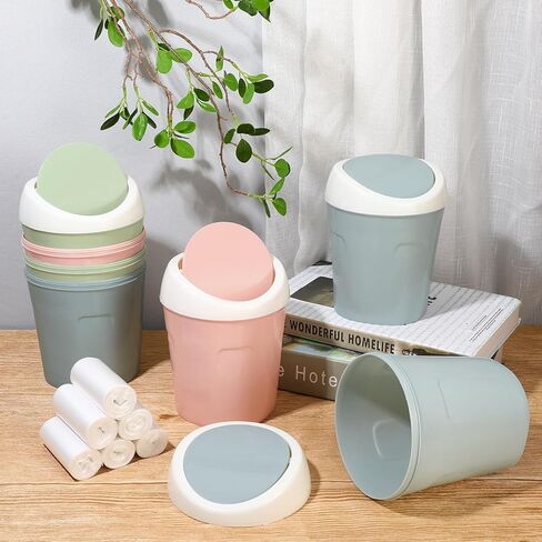 8 قطع من سلة المهملات البلاستيكية الصغيرة مع غطاء متأرجح و360 كيس قمامة سطح المكتب، سلة قمامة صغيرة للطاولة، سلة نفايات صغيرة على سطح الطاولة للمنزل، المكتب، غرفة النوم، المطبخ in Kuwait