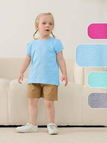 4 Pack Baby Girls Shirts Cotton Short-Sleeve Toddler Girls Shirts Puff Sleeve Crew Neck T-Shirt for Baby Toddler in Saudi Arabia