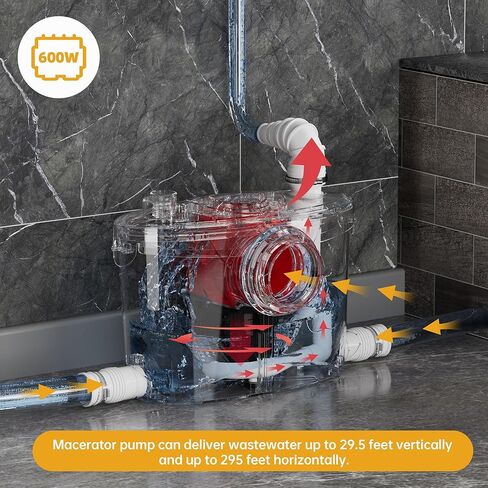 مضخات المرحاض SUPERFLO Macerator بقدرة 600 واط، مضخة نفايات الدش لنفايات حوض الاستحمام، مضخة الصرف الصحي مع فتحة تهوية و4 مداخل مياه in Kuwait