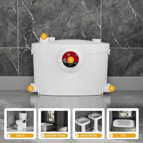 مضخات المرحاض SUPERFLO Macerator بقدرة 600 واط، مضخة نفايات الدش لنفايات حوض الاستحمام، مضخة الصرف الصحي مع فتحة تهوية و4 مداخل مياه in Kuwait