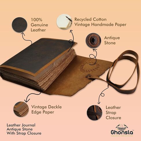 GHONSLA™ – Premium Handmade Leather Vintage Journal-Writing pad Gift for Artist,Sketch,Travel,Leather Journal for Men and Women,Antique Stone with Starp Closure (Handmade Ruled Paper, 5 x 7 Inch) in Saudi Arabia