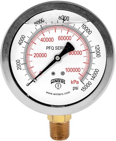 Winters 4" Dial Size, Liquid Filled Industrial Pressure Gauge, Brass Internals, Stainless Steel Case, Dual Scale 0-15,000 psi/kPa, 1.5% Acc, 1/2" NPT Bottom Mount, Glycerin Filled Pressure Gauge in Saudi Arabia
