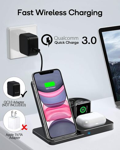 قاعدة شحن 3 في 1، شاحن لاسلكي لهاتف iPhone 15 14 13 12 11 Pro Max وApple Watch iwacth - قاعدة شحن لأجهزة AirPods in Saudi Arabia