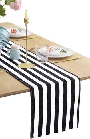 BOXAN Classic Black and White Striped Table Runner, Modern Stripes Pattern Elegant Cotton Canvas Table Top Decor for Art Deco Wedding, Bridal Shower, Bachelorette Party Decorations, 12'' X 48'' in Saudi Arabia