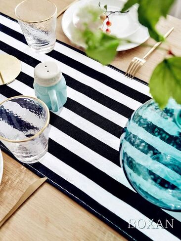 BOXAN Classic Black and White Striped Table Runner, Modern Stripes Pattern Elegant Cotton Canvas Table Top Decor for Art Deco Wedding, Bridal Shower, Bachelorette Party Decorations, 12'' X 48'' in Saudi Arabia