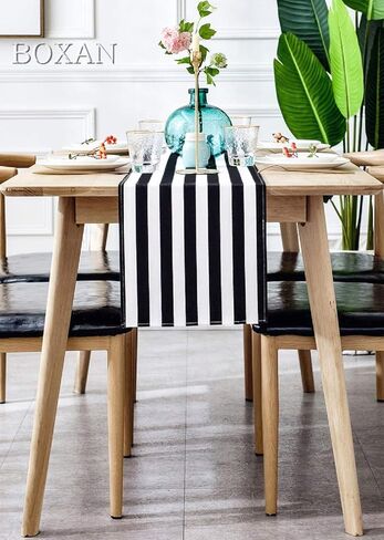 BOXAN Classic Black and White Striped Table Runner, Modern Stripes Pattern Elegant Cotton Canvas Table Top Decor for Art Deco Wedding, Bridal Shower, Bachelorette Party Decorations, 12'' X 48'' in Saudi Arabia