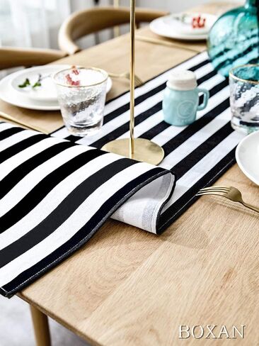 BOXAN Classic Black and White Striped Table Runner, Modern Stripes Pattern Elegant Cotton Canvas Table Top Decor for Art Deco Wedding, Bridal Shower, Bachelorette Party Decorations, 12'' X 48'' in Saudi Arabia
