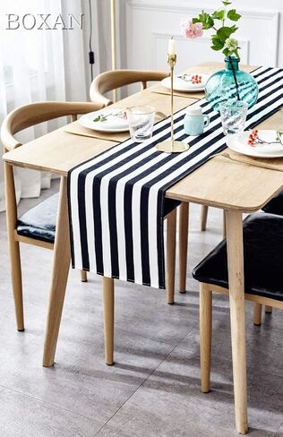 BOXAN Classic Black and White Striped Table Runner, Modern Stripes Pattern Elegant Cotton Canvas Table Top Decor for Art Deco Wedding, Bridal Shower, Bachelorette Party Decorations, 12'' X 48'' in Saudi Arabia