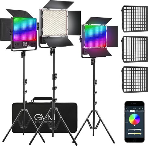 GVM 50SM Pro LED Video Light with Softboxes, RGB+Bi-Color Double Sided, Each Side 50W, Video Lighting Kit with Bluetooth Control, Led Panel Lights for YouTube, Studio, 3 Packs (GVM-50SM-3L) in Saudi Arabia