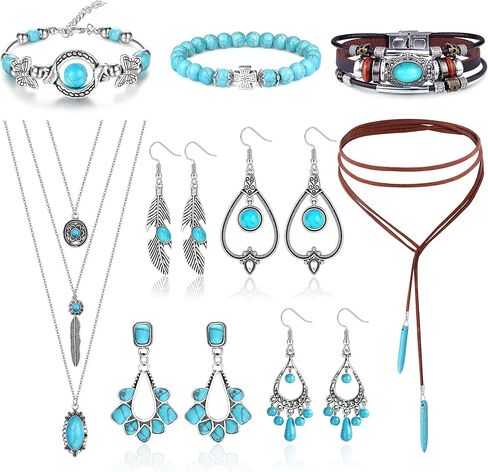 Subiceto مجوهرات الغربية للنساء البوهيمي الفيروزي بوهو الفيروز قلادة طويلة المختنق خمر الفيروز تتدلى الأقراط الفيروز فو الجلود الطبقات الأساور مجموعة المجوهرات الغربية in Kuwait