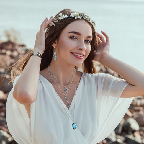 Subiceto مجوهرات الغربية للنساء البوهيمي الفيروزي بوهو الفيروز قلادة طويلة المختنق خمر الفيروز تتدلى الأقراط الفيروز فو الجلود الطبقات الأساور مجموعة المجوهرات الغربية in Kuwait