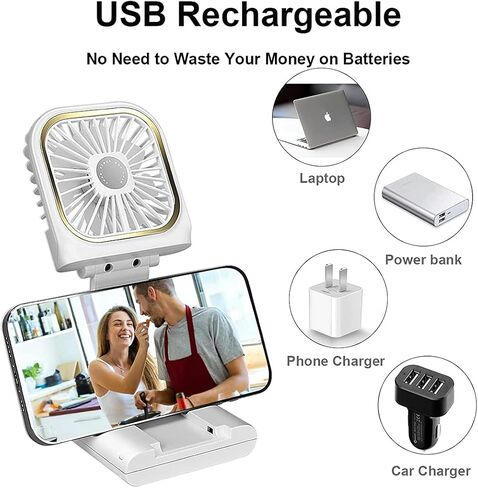 مروحة محمولة، مروحة رقبة قابلة للطي مع حبل، مروحة تبريد صغيرة قابلة لإعادة الشحن عبر USB، مروحة مكتب هادئة للنساء والرجال، حامل للهاتف المحمول، للسفر والمنزل والمكتب في الهواء الطلق (أبيض) in Kuwait
