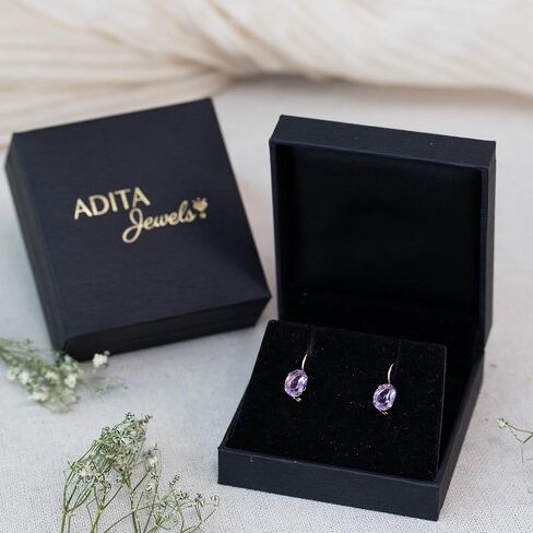 أقراط جمشت من الذهب عيار 14 قيراط - أقراط متدلية أنيقة من الذهب الأصفر الخالص عيار 14 قيراط، حجر ميلاد فبراير بيضاوي الشكل بيضاوي الشكل، الحد الأدنى 6 × 8 مم جمشت أصلي أرجواني، هدية مجوهرات مصنوعة يدويًا من الأحجار الكريمة الطبيعية in Kuwait