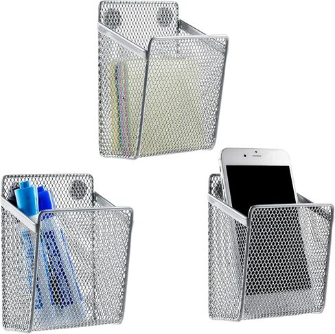 MyGift Set of 3 Magnetic Dry Erase Marker Holder, Silver Wire Storage Basket Office Supplies Organizer, White Board Pen Holders in Saudi Arabia