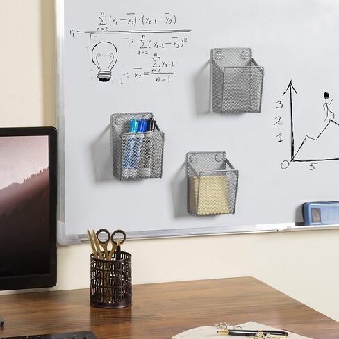 MyGift Set of 3 Magnetic Dry Erase Marker Holder, Silver Wire Storage Basket Office Supplies Organizer, White Board Pen Holders in Saudi Arabia