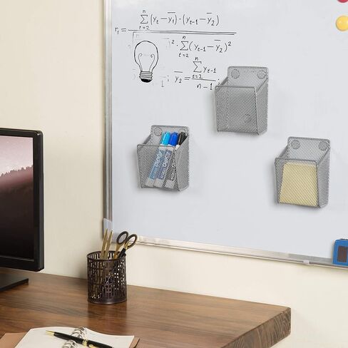 MyGift Set of 3 Magnetic Dry Erase Marker Holder, Silver Wire Storage Basket Office Supplies Organizer, White Board Pen Holders in Saudi Arabia
