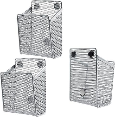 MyGift Set of 3 Magnetic Dry Erase Marker Holder, Silver Wire Storage Basket Office Supplies Organizer, White Board Pen Holders in Saudi Arabia