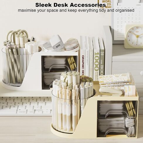 Marte Vanci 360° Rotating Desk Organizer with 2 Drawer, Desktop Rotating Pen Holder with 6 Slots, Small Makeup Organizer, Multifunctional Desk Accessories for Office, Home(White) in Saudi Arabia