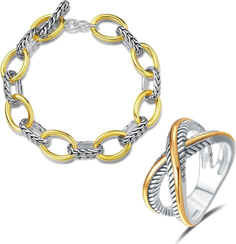 UNY JEWEL Two Tone X Cross Designer Inspired Twisted Cable Wire Ring Foxtail Link Bracelets Women Fashion Jewelry Christmas Gifts Size 7 in Saudi Arabia