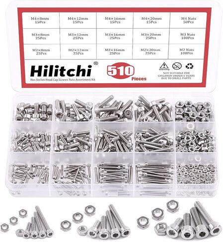 Hilitchi 510-Piece M2 M3 M4 Stainless Steel Hex Socket Head Cap Screws Nuts Assortment Kit with Box - 304 Stainless Steel in Saudi Arabia