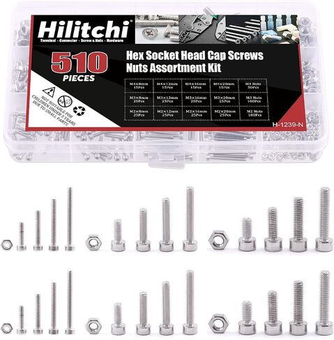 Hilitchi 510-Piece M2 M3 M4 Stainless Steel Hex Socket Head Cap Screws Nuts Assortment Kit with Box - 304 Stainless Steel in Saudi Arabia