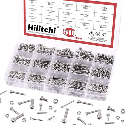 Hilitchi 510-Piece M2 M3 M4 Stainless Steel Hex Socket Head Cap Screws Nuts Assortment Kit with Box - 304 Stainless Steel in Saudi Arabia