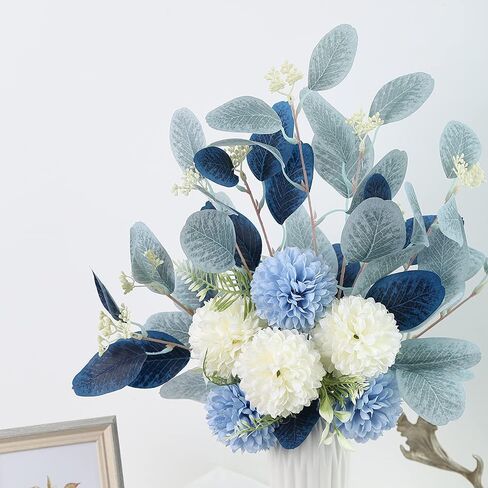 White Fake Flowers Blue Bouquet Hydrangea Artificial Flowers Chrysanthemum Silk Flowers Artificial for Decoration Flower Centerpieces for Coffee Table Decor (White Blue, No Vase) in Saudi Arabia
