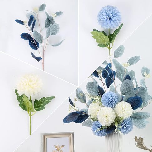 White Fake Flowers Blue Bouquet Hydrangea Artificial Flowers Chrysanthemum Silk Flowers Artificial for Decoration Flower Centerpieces for Coffee Table Decor (White Blue, No Vase) in Saudi Arabia