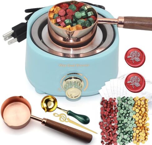 Electric Wax Seal Warmer Kit with 300 Pcs Gold Red Green Wax Seal Beads, Wax Seal Melter Furnace and 2 Wax Seal Spoon, Tinfoil, Stir Pin for Fast Melting Sealing Wax Beads, Stamp Seals Craft, Blue in Saudi Arabia