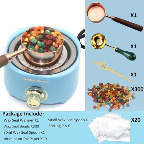 Electric Wax Seal Warmer Kit with 300 Pcs Gold Red Green Wax Seal Beads, Wax Seal Melter Furnace and 2 Wax Seal Spoon, Tinfoil, Stir Pin for Fast Melting Sealing Wax Beads, Stamp Seals Craft, Blue in Saudi Arabia