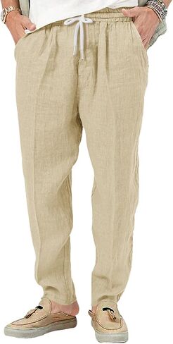 Mens Casual Linen Pants Lightweight Elastic Waist Drawstring Trousers Summer Beach Yoga Pants in Saudi Arabia