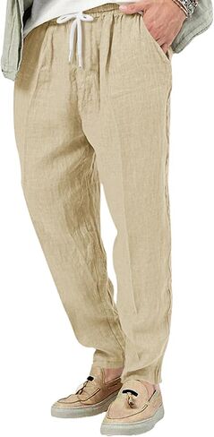 Mens Casual Linen Pants Lightweight Elastic Waist Drawstring Trousers Summer Beach Yoga Pants in Saudi Arabia