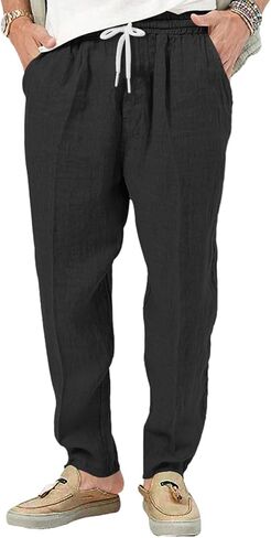 Mens Casual Linen Pants Lightweight Elastic Waist Drawstring Trousers Summer Beach Yoga Pants in Saudi Arabia